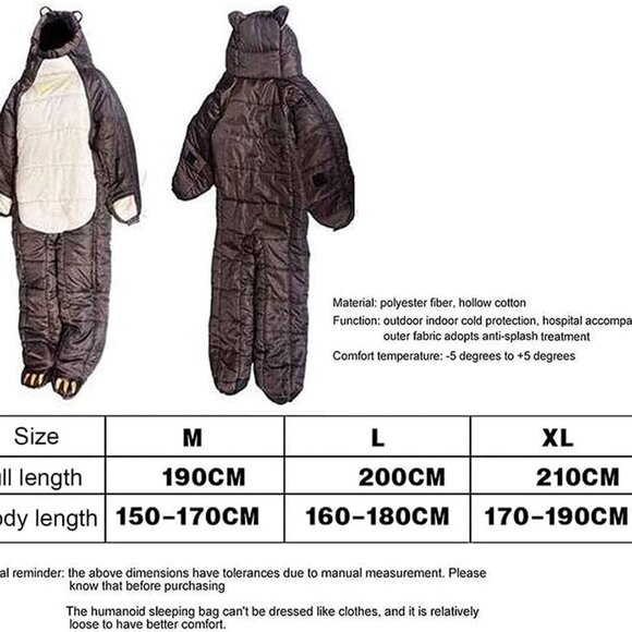 🆕 ★ Wearable full body Bear Shaped sleeping bag -  Medium - Picture 7 of 8
